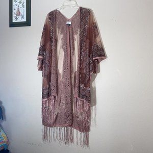Pink Lace Crochet Open Duster Cardigan Kimono Fringe Boho